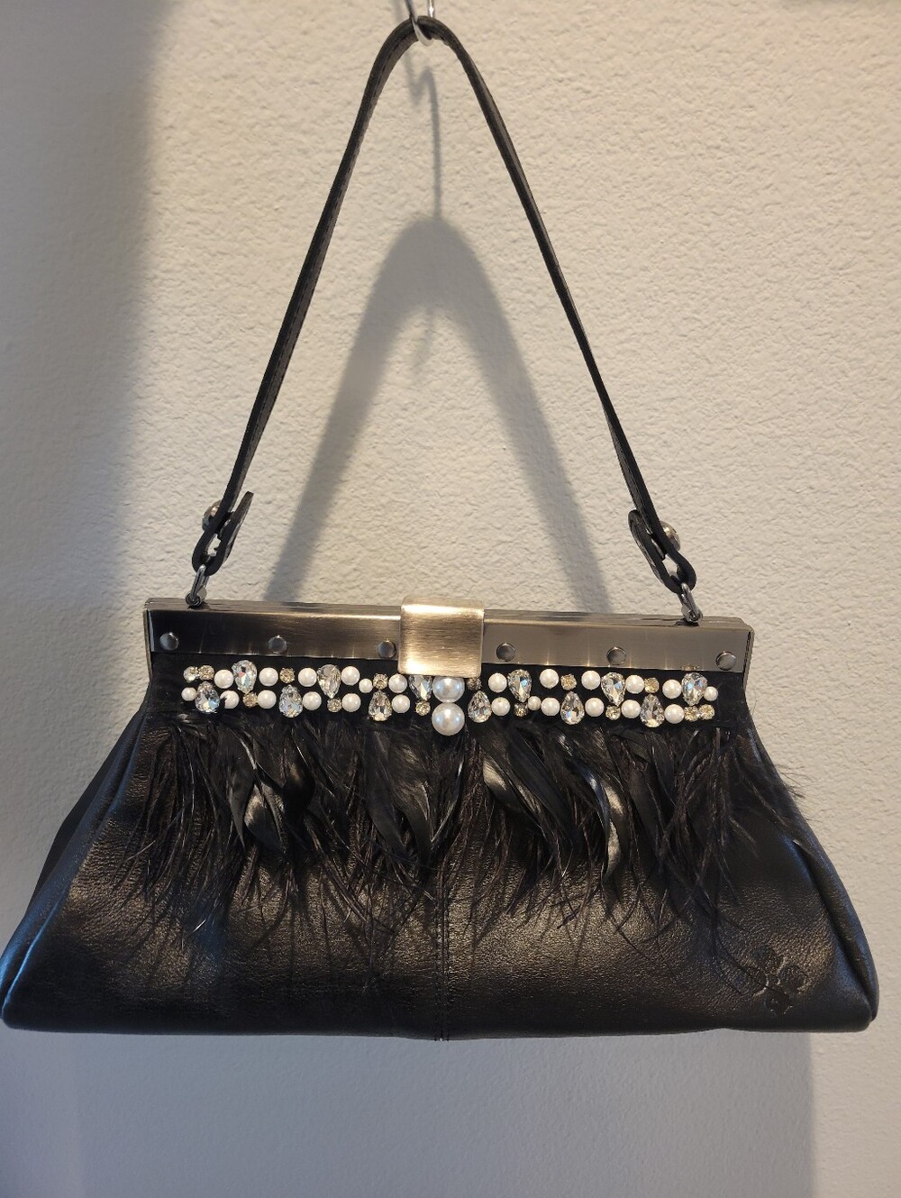 Vintage PATRICIA NASH genuine Black Leather Handbag/cluch With Frathers Pearles
